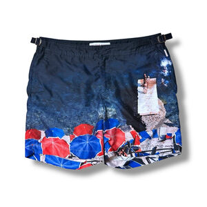 Orlebar Brown Mens 32 Bulldog Swim Trunks Brolly Folly Seaside Print Lined 5.5”